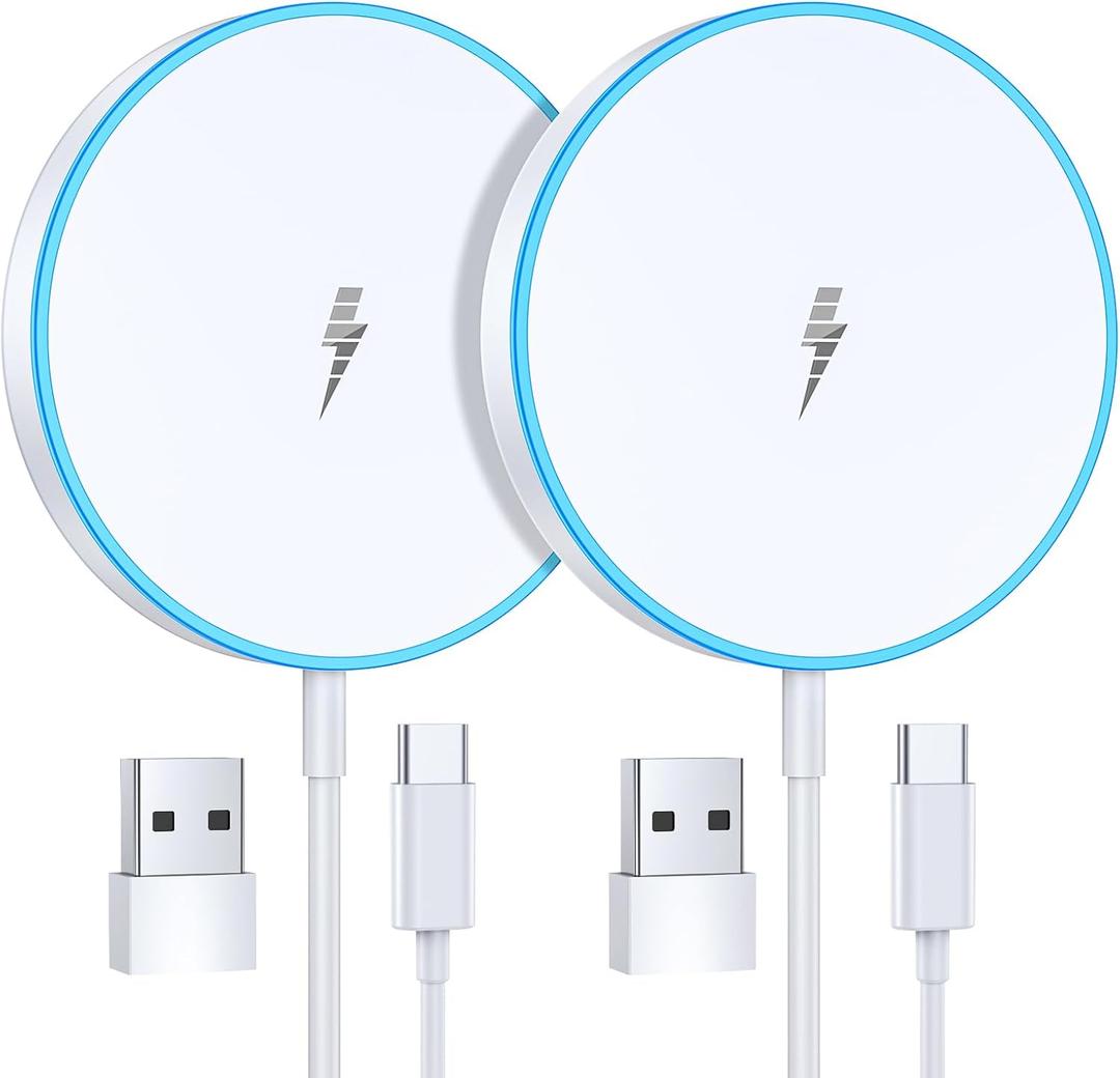 Magnetic Wireless Charger 15W 2 Pack Fast Mag Safe Charger for iPhone 17 Pro Max/17 Pro/16 Air/17/16/15/14/13/12 Series Charging Pad for AirPods Series LED Magnet Charging Pad