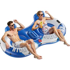 QPAU Inflatable Double River Tube, 2 Person 660lb Capacity, Puncture-Resistant 93" Sturdy Heavy Duty River Float, River Raft with Ergonomic Backrest, Cooler & Cup Holders for Family (Blue&White)