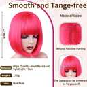 Bob Wig, 12 Inch Short Hot Pink Bob Wig with Bangs,Straight Cosplay Wig,Heat Resistant,Adjustable Straps Wigs for Women Girl with Wig Cap
