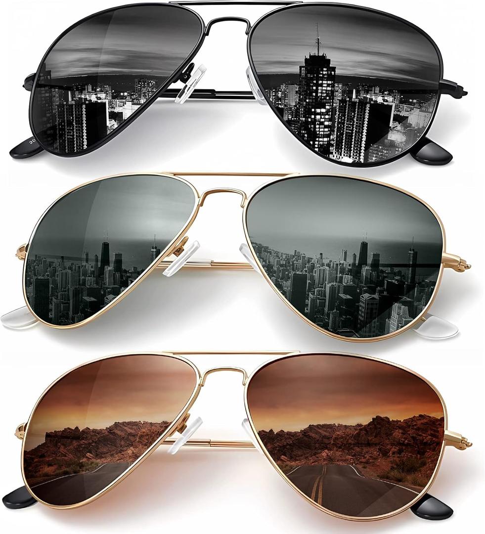KALIYADI Classic Aviator Sunglasses for Men Women Driving Sun glasses Polarized Lens UV Blocking, F (3 Pack)blackish Green/Brown/Grey