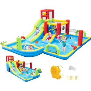 Inflatable Water Slides Park, Large Water Castle for Kids Fun Outdoor Jumping Inflatable Bouncers with Extra Large Pool and 2 Slides, 3 Types of Ball Games, Easy to Set Up with Air Blower