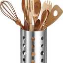 uxcell Kitchen Utensil Holder, 3.9x5.5 Stainless Steel Utensil Cutlery Holder Round Flatware Organizer with Drain Hole for Kitchen Restaurant Countertop Straw, Spoon, Chopstick, Silver