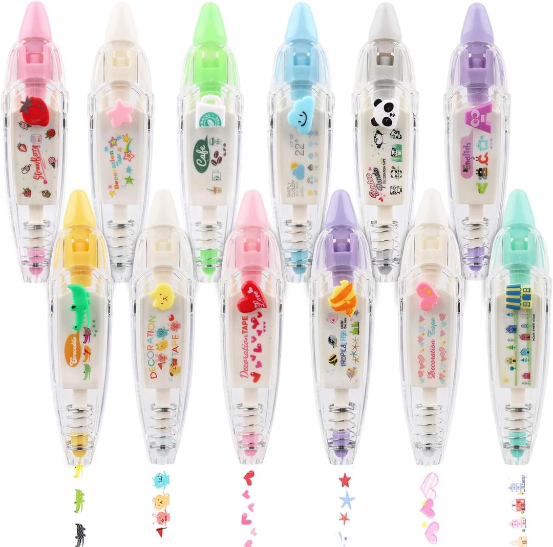 NQEUEPN 12pcs Decorative Tape Pen, Cute Animals Press Type Decorative Pen Tape Roller Pen DIY Creative Cartoon Correction Tape for Boy Girls Gift Teacher Class Rewards (12 Themes)