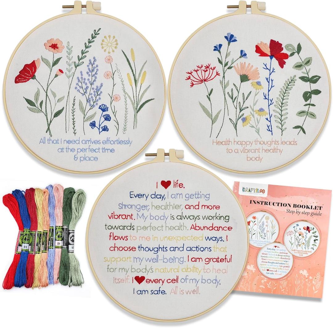 CRAFTILOO Embroidery Kits for Adults Hand Embroidery kit for Beginners with Stamped Embroidery Patterns Starter Embroidery Kit. Needlepoint kit Cross Stitch kit for Teens& Adults Flowers