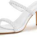 Carcuume Women's Square Toe Two Strap Open Toe Block Heels Sandals Slip On Shoes (9, Pearl)