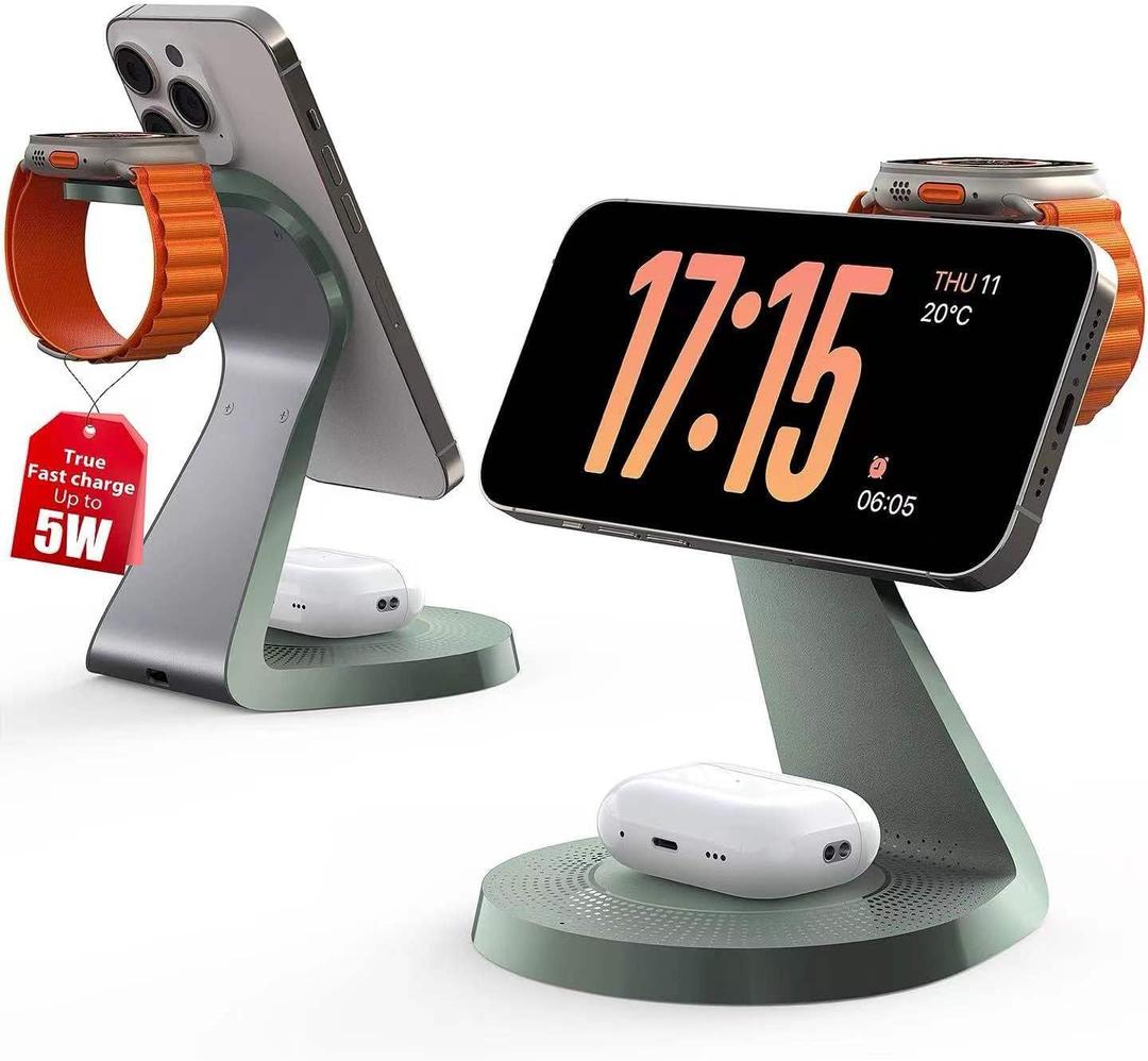 3 in 1 Charging Station for Apple Devices, Mag-Safe Charger Stand Fast Charging, Wireless Charger for iPhone 16/15/14/13/12 Series, & AirPods, & iWatch (USB-C Charger Included) (Green)
