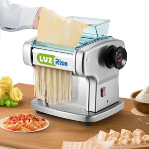 Electric Pasta Maker Automatic Noodle Machine Fresh Pasta Dough Roller Stainless Steel(2 Blades for 2.5mm Round&4mm Flat Noodle,9 Thickness Settings 0.5mm-5mm,Family Use, Output 10LBS/H,135W)