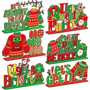 DoubleFill 6 Pcs Christmas Ugly Sweater Party Decorations Ugly Sweater Party Table Decor Christmas Wooden Centerpieces Xmas Tabletop Sign Ugly Sweater Display with Letters for Holiday Party Supplies