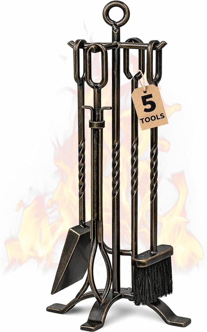 AMAGABELI GARDEN & HOME 5 Pieces Fireplace Tools Sets Wrought Iron Fireplace Set Antique Brass Copper with Poker Tongs Broom Shovel Stand Indoor Fire Place Kit Wood Stove Hearth Accessories Gold