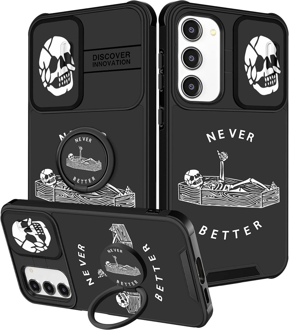 (2in1 for Samsung Galaxy S23 Plus Case for Women Cute Girls Cover Skull Skeleton Fun Funny Girly Kawaii Aesthetic Cool Black Design with Camera Cover and Ring Stand for Samsung S23 Plus Case