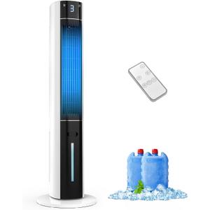 Evaporative Air Swamp Cooler, Cooling Fans that Blow Cold Air, 38in | Portable design, tower fan with 3L water tank, ice packs, remote control, 3 speeds, that cools for bedroom, Ivory White 