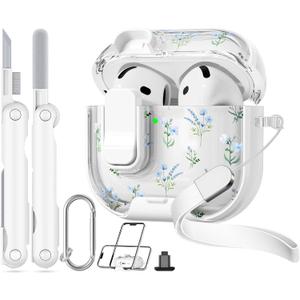 With Safety Lock for Apple AirPods 4 Case,Clear Floral Cute AirPod 4th Generation Case with Phone Stand & Cleaning Kit for Women Girly-Blue Narcissus