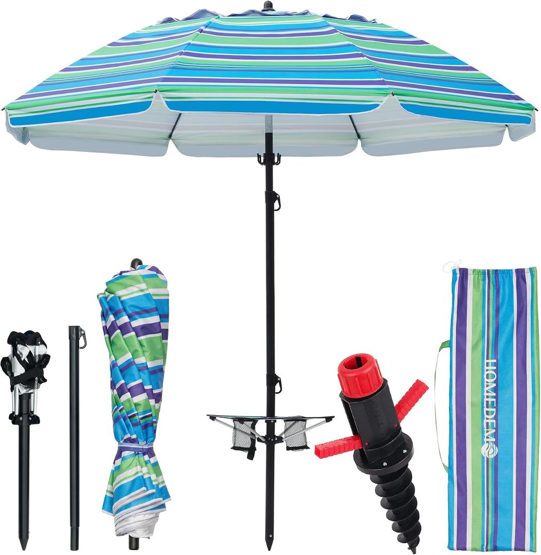HOMEDEMO 7FT Beach Umbrella with Table & Anchor, Heavy Duty Windproof with UPF 50+ Sun Protection, Outdoor Umbrellas with Adjustable Aluminum Pole