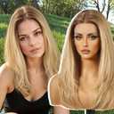 Natural Blonde Human Hair Wigs,13X5X1 Glueless Shoulder Length Layered Lace Front Wig for White Women,Fiber & Remy Human Hair Blend for Daily Use 18IN (Brown Golden)