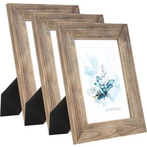 KAIWIN 100% Solid Wood Brown 5x7 Picture Frame Pack of 3 - Display Picture 4x6 with Mat, HD Glass Inside, Rustic Wooden Photo Frames for Table Top and Wall Mounting