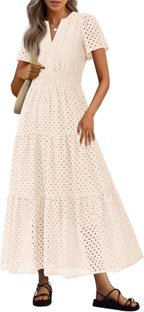 PRETTYGARDEN Womens 2025 Summer Maxi Dress Short Sleeve V Neck Hollow Out Eyelet A Line Long Flowy Beach Vacation Dresses (Beige, Size L)