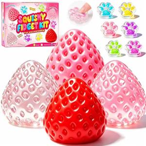 Taba Squishy Fun Box Toys Kit - Strawberry and Cat Paw Squeezee Fidget Toys Pack Set, Party Favors for Kids 4-8 8-12, Sensory Toys Birthday Xmas Gifts