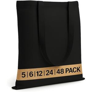 Salt Earth Pack of 5 | 6 | 12 | 24 | 48  100% Cotton Reusable Tote Bags  Bulk Grocery, Shopping, DIY, Beach & Gift Use (Black)