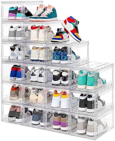 12 Pack Acrylic Clear Shoe Boxes– Ultra Clear Plastic Stackable Sneaker Storage For Sneakerhead. Professional Grade Shoe Display Case with Magnetic Door .Boots and Hat Organizer. Fits US Size 15