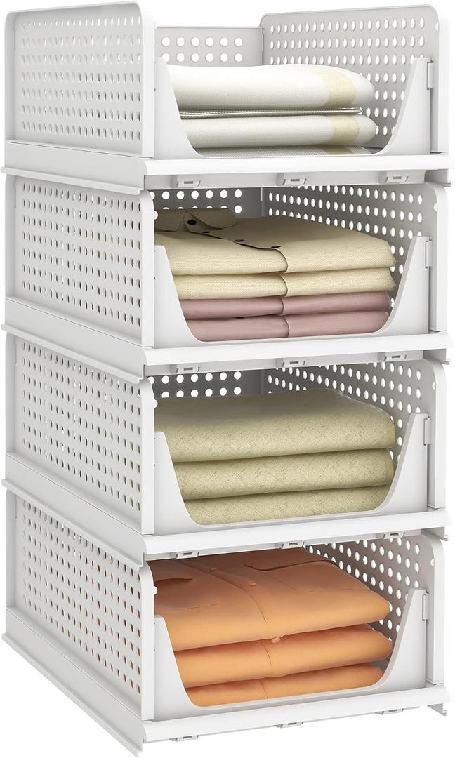 Pinkpum Stackable Plastic Storage Basket, Foldable Closet Organizers and Storage Bins 4 Pack Drawer Shelf Storage Container for Wardrobe Kitchen Bathroom Office Dorm White (4 Pack L)
