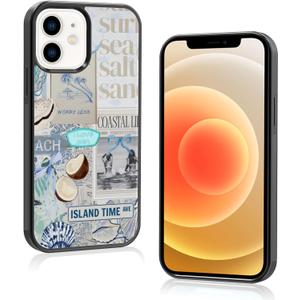 Cute Beach Coast Summer Collage Aesthetic Phone Case for iPhone 12 & 12 Pro (6.1") Case for Girls Women (Gray Blue)