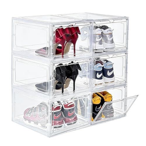CMFTGDS Clear Plastic Shoe Storage Boxes with Magnetic Door, Thickened Stackable Shoe Organizer Cabinet, 6 Pack Shoe Containers for Sneakers, Boots, Heels in Closet, Fit up to US Size 13.5