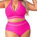 Tempt Me Women Plus Size Bikini High Waisted Swimsuits Mesh Tummy Control Two Piece Bathing Suit 18 W, Hot Pink 