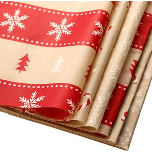 120 Sheets Vintage Christmas Kraft Tissue Paper 14 x 20 Inch Christmas Tree Snowflakes Candy Canes Pattern Red and Brown Gift Wrapping Paper for Xmas Holiday Present Boxes DIY Crafts Supplies