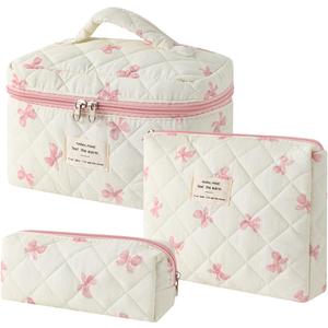 Uekeboag 3Pcs Quilted Cotton Makeup Bag,Coquette Quilted Toiletry Bag for Women and Girls,Floral Coquette Pouch,Cute Kawaii Travel Cosmetic Bags(3Pcs Little Pink Bow)