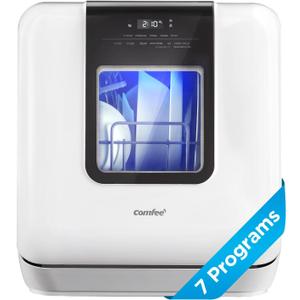 COMFEE' Countertop Dishwasher, Portable Dishwasher with 6L Built-in Water Tank, Mini Dishwasher with More Space Inside, 7 Programs, UV Hygiene& Auto Door Open, for Apartments, Dorms& RVs, White