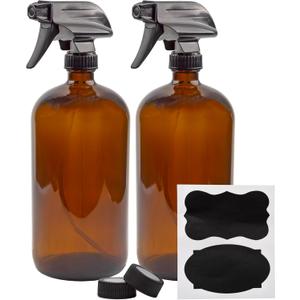 Cornucopia Brands 32oz Amber Glass Spray Bottles (Pack of 2) Brown Bottles w/ 3Setting Trigger Sprayers; Includes Caps for Storage