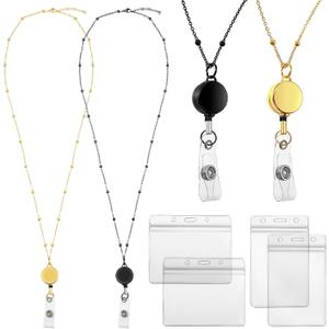Outus 2 Pieces Badge Lanyard with ID Holders Stainless Steel Badge Name Tag Holders Necklace Retractable Reel Clip Chain Water Resistant for School Office(Gold, Black)