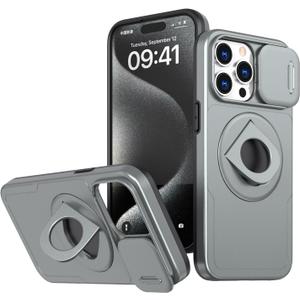 for iPhone 15 Pro Case with Slide Camera Cover HD Screen Protector Magnet Ring Holder Kickstand Protective Phone Case for 15 Pro (Gray)
