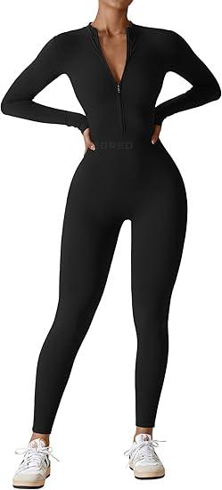 Women Stand Collar Ribbed Bodysuit Full Suit Long Pants Leggings Workout Fitness Catsuit with Front Zipper M