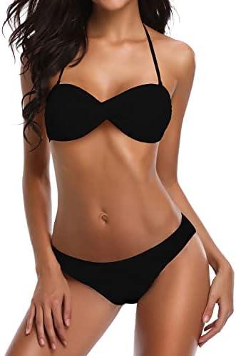 SHEKINI Women's Twist Halter Bandeau Bikini Set Strapless Bathing Suits String Two Piece Swimsuits, XL