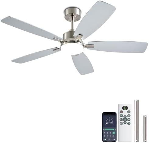 NKPU Ceiling Fans with Lights, 52 Inch Low Profile Ceiling Fan with Light and Remote Control, 2 Downrods, DC Reversible Motor, Dimmable LED Ceiling Fans for Bedroom,Indoor/Outdoor Patio Use（Nickel）