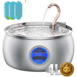 Tomxcute Cat Water Fountain - 4.0L/135oz Gooseneck Copper Stainless Steel Cat Water Fountains for Cats Indoor - Kitty Cat Fountains for Drinking Spout - Comes with 3 Replacement Filters