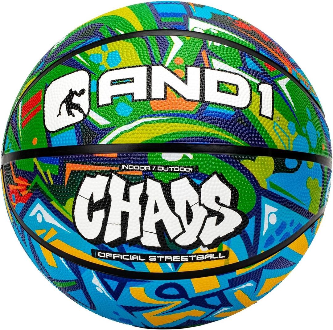 AND1 Chaos Rubber Basketball: Official Regulation Size 7 (29.5 inches) Rubber Basketball - Deep Channel Construction Streetball, Made for Indoor Outdoor, Green/Aqua