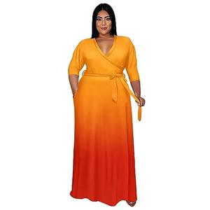 Runwind Plus Size Dress for Women 3/4 Sleeve V Neck Maxi Dresses for Women Gradient Orange Red Size 4XL