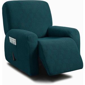 ULTICOR 4-Piece, 1 Seat Recliner Cover, Jacquared Stretch Reclining Chair Covers for 1 Cushion Reclining Sofa, Single Seat Recliner Couch Cover, Soft, Machine Washable (Style 4) (Deep Teal)