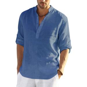 COOFANDY Men's Cotton Linen Henley T-Shirt Long Sleeve Hippie Casual Beach T-Shirts (Large, Denim Blue)