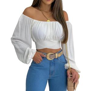 MIRACMODA Woman Off Shoulder Ruched Tie Back Crop Top Summer Lantern Sleeve Boho Shirt Blouse (Medium)