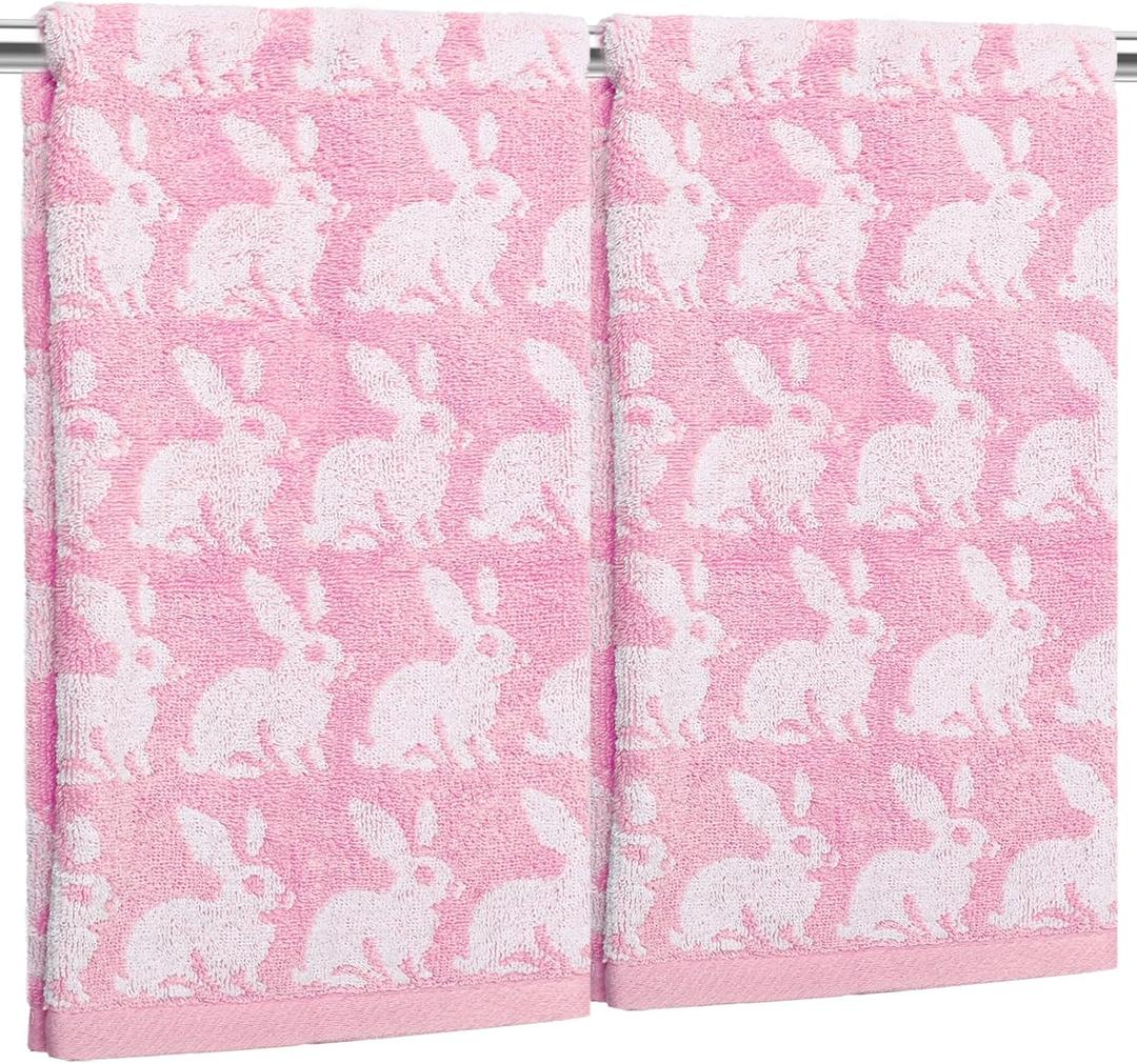 Whaline Easter Bunny Hand Towels Jacquard Cotton Bathroom Towel Pink White Rabbit Absorbent Bath Towel for Kitchen Dish Drying Cleaning Cooking, 29.5 x 13.4 Inch, 2Pcs