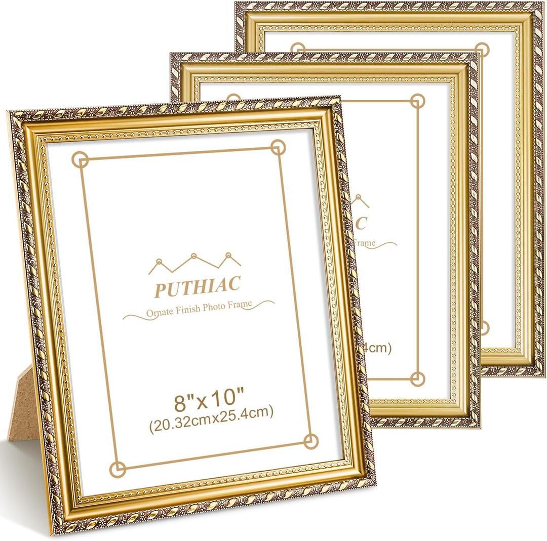 puthiac 8x10 Gold Picture Frames set of 3 – Ornate Vintage Baroque Photo Frame with Shatterproof Acrylic, Wall & Tabletop, Vertical/ Horizontal, Antique Gold Gallery Decor