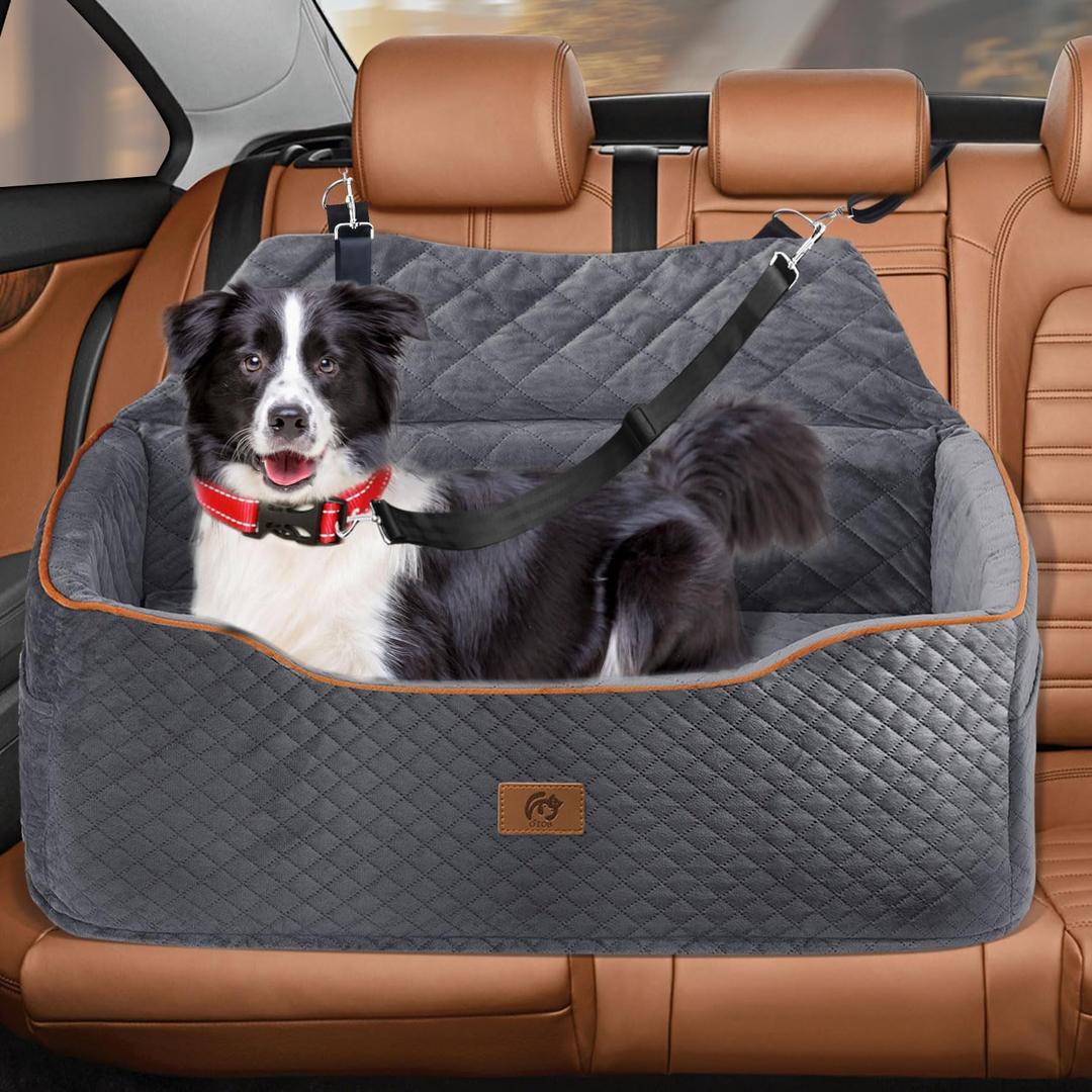 OTOB Dog Car Seat for Large Medium Dog Under 55Lbs, Detachable Washable Booster Seat for 2 Small Dogs Puppy with 2 Safety Leash, Thickened Memory Foam Pet Car Seat Bed (Gray)