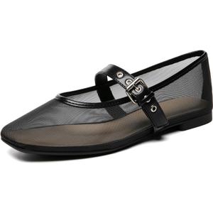 Rihero Mesh Ballet Flats for Women Square Toe Buckle Strap Mary Jane Flats Comfortable Casual Ballerina Shoes (6, Black)