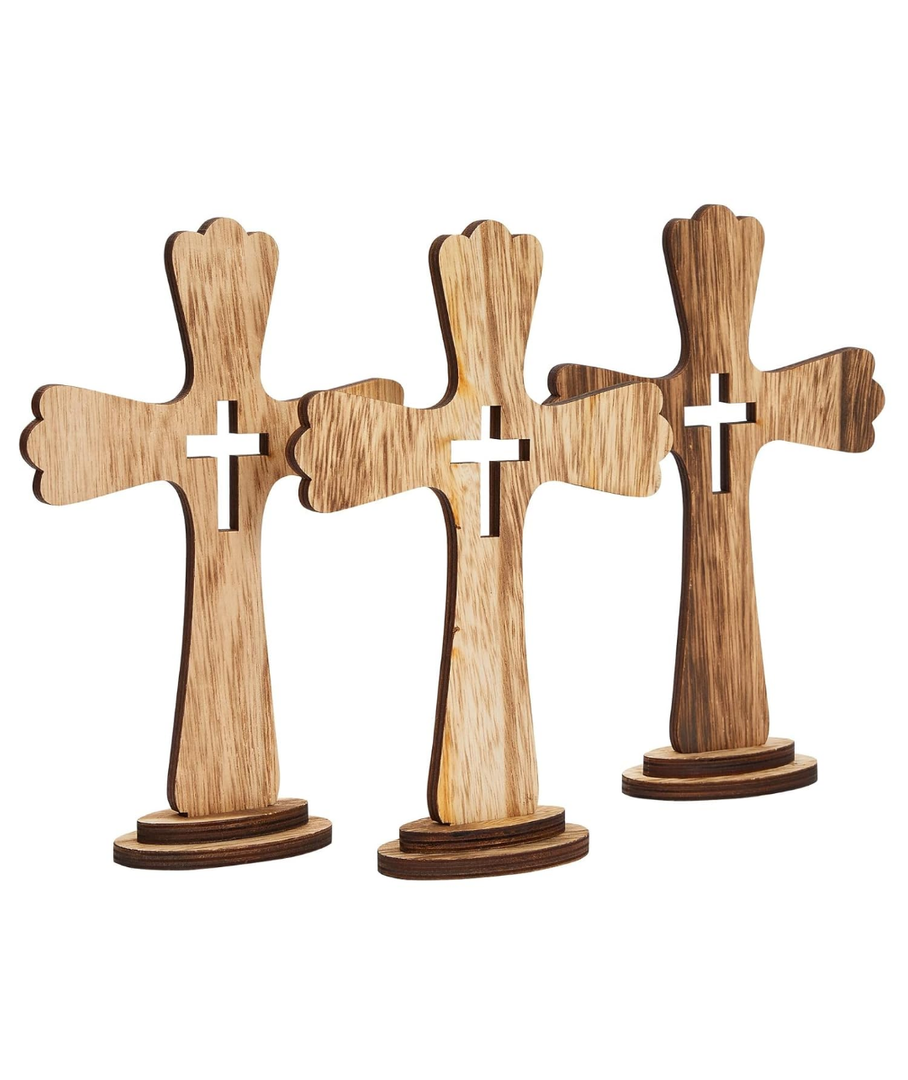 Juvale 3 Pack Catholic Wooden Cross Baptism Centerpieces for Tables, Communion, Home Decor (6 x 9 In), Baptism Decorations for Boys and Girls