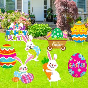 8PCS Easter Decorations Outdoor Yard Signs Bunny Eggs Yard Stakes Happy Easter Egg Hunt Yard Signs Garden Lawn Decor Supplies
