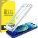 JETech One Touch Install Screen Protector for iPhone 12/12 Pro 6.1-Inch, Full Coverage Tempered Glass Film, Auto Alignment Tool Kit, HD Clear, Pack of 2