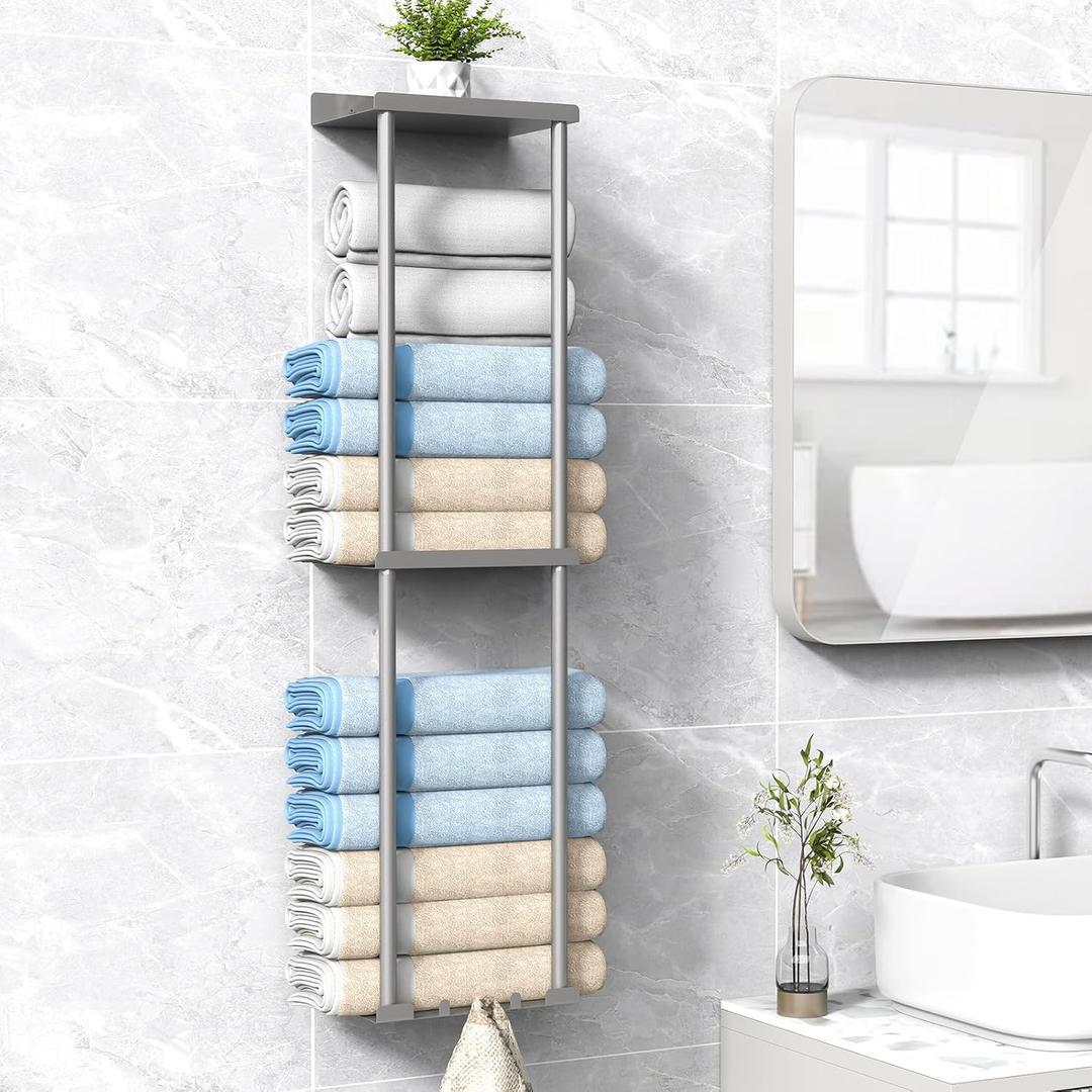 Towel Rack Storage for Bathroom, Wall Mounted Vertical Rolled Towel Organizer Holder with Shelf, Holds Up 6 Large Bath Sheets, Silver Grey (Standard Size) Towel Rack Storage for Bathroom, Wall Mounted Vertical Rolled Towel Organizer Holder with Shelf, Holds Up 6 Large Bath Sheets, Silver Grey (Standard Size)